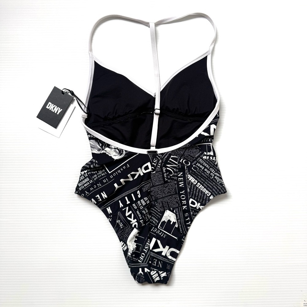 DKNY Logo Print Plunge One Piece Swimsuit Black White NWT XS - Picture 4 of 8